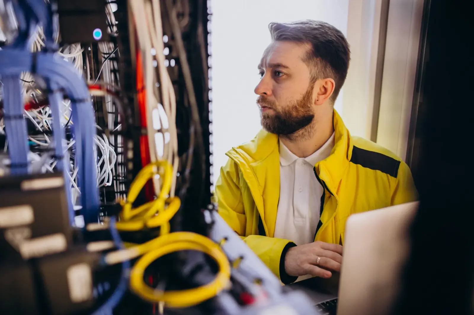 FibrePros technician checking patch cabling in a network rack